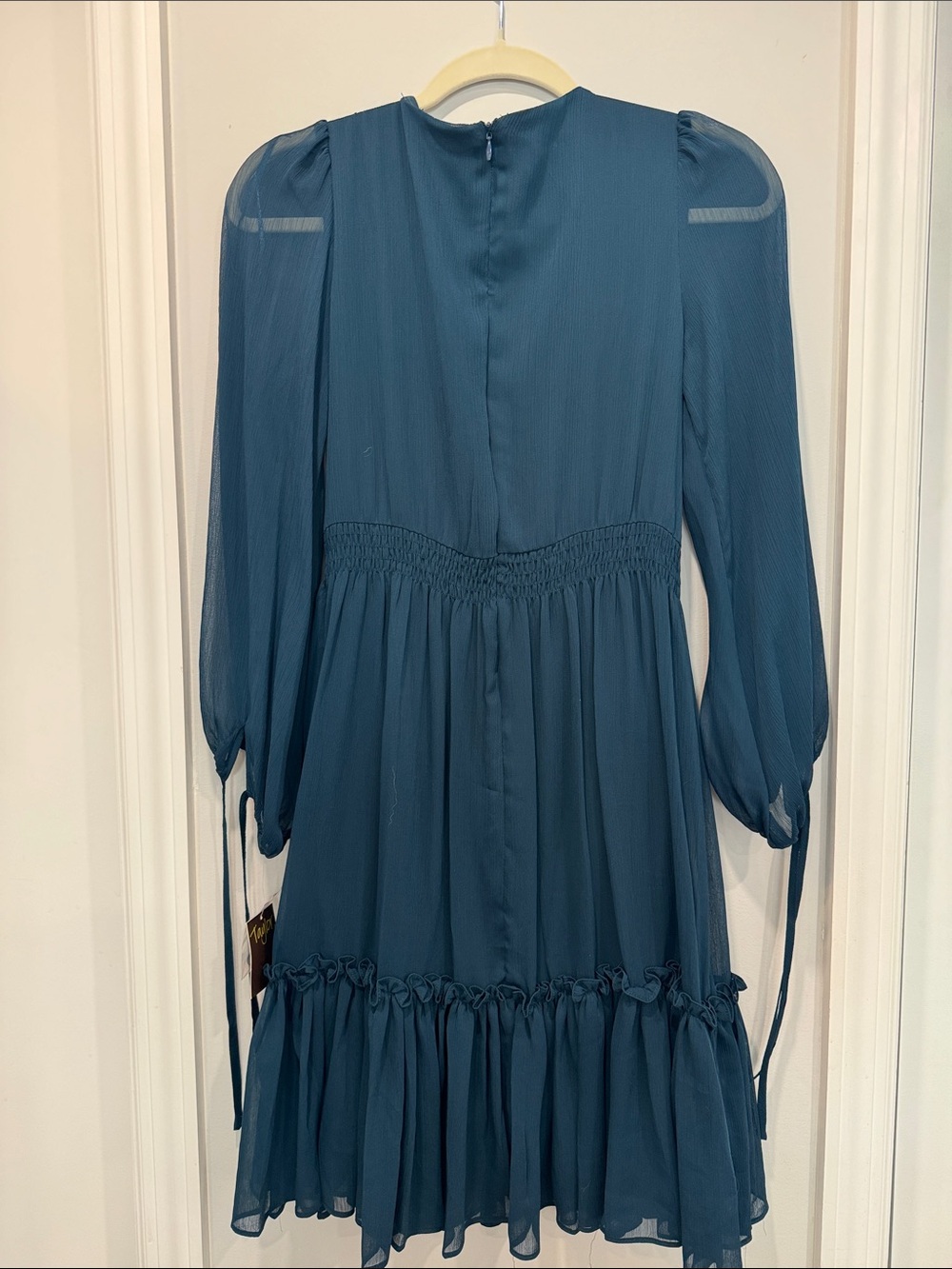 Taylor Deep Teal Long-Sleeve V-Neck Ruffle Hem Dress - Picture 7 of 8